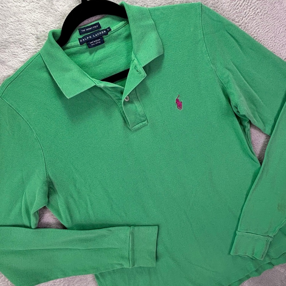Vintage Ralph Lauren Women Skinny Polo L Green Long Sleeve Pink Pony Logo 90's